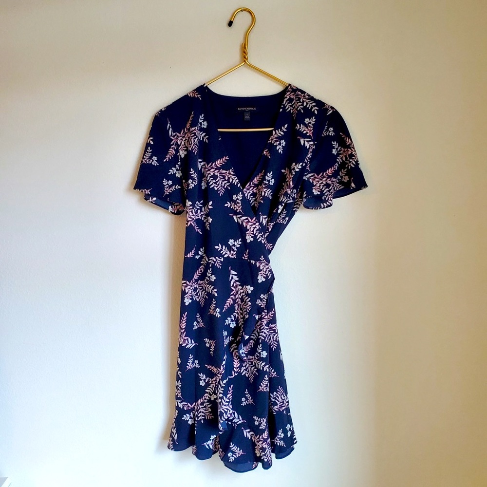 Navy blue floral short wrap dress